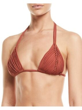 PilyQ Women's Brown Isla Braided Triangle Bikini Swim Top Size D cup